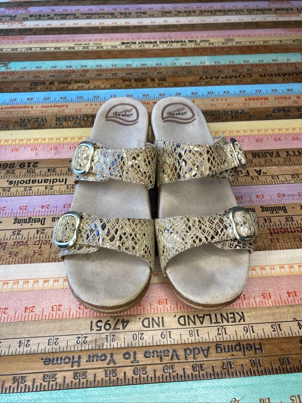 DANSKO 39 SOPHIE Leather Animal Print Slip On Gold Tone Buckle Sandal BOHO